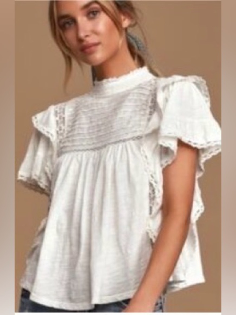 Free People White Pintuck & Lace Ruffle Blouse Small